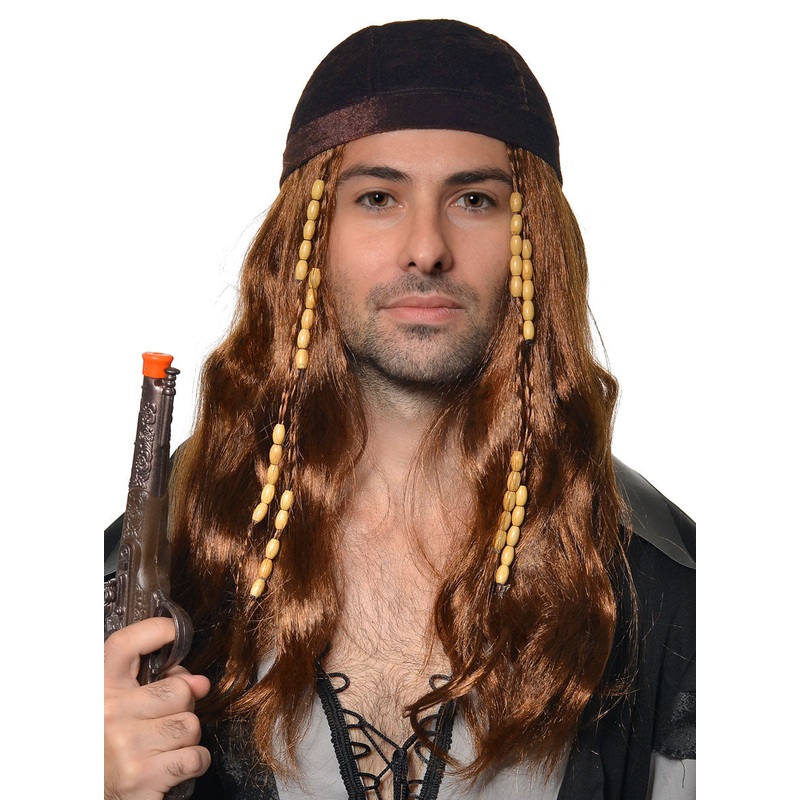 Long Brown Mens Pirate Costume Wig with Bandana