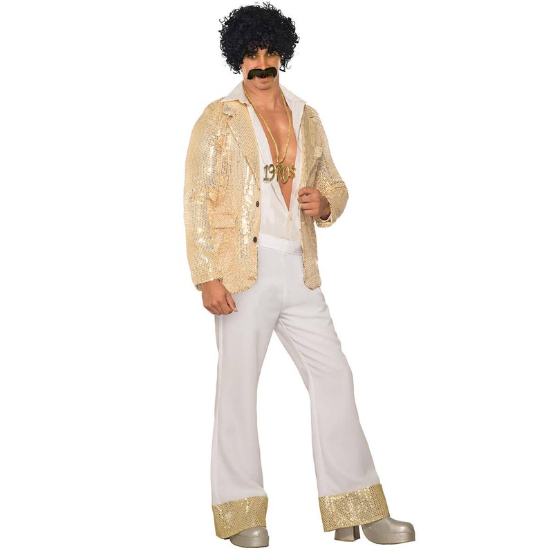 70s Mens White Disco Pants with Gold Sequin Trim