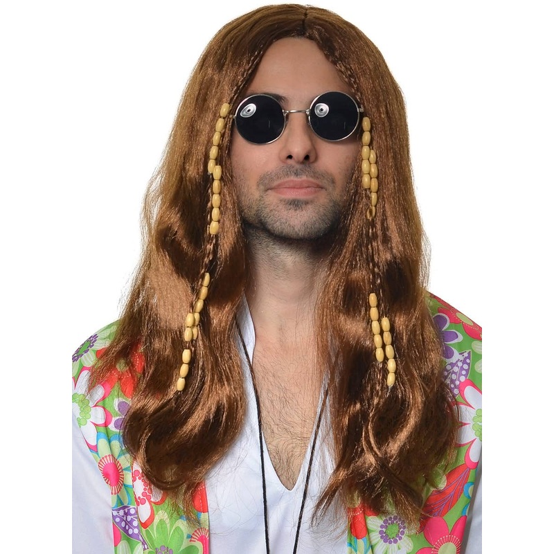 Long Brown Mens Beaded Hippie Costume Wig