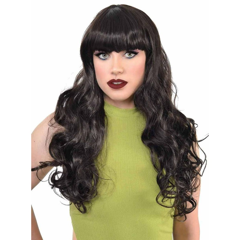 Long Curly Nearly Black Halloween Costume Wig with Fringe