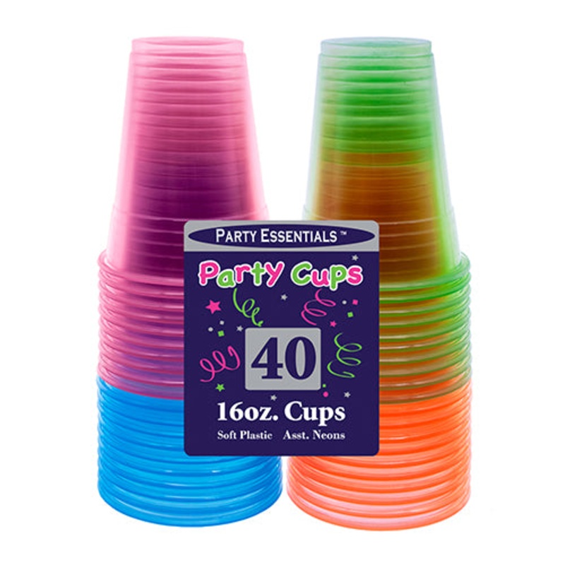 ASSORTED NEON SOFT PLASTIC CUPS 16 OZ  40 CT.