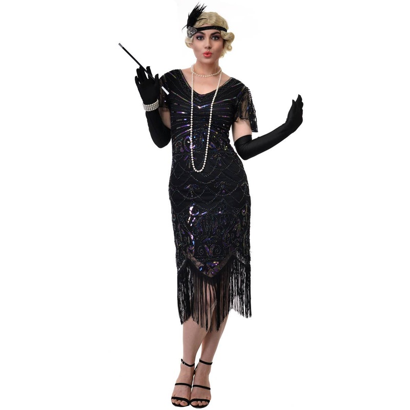 20s Womens Long Black Cap Sleeve Gatsby Dress with Iridescent Sequins