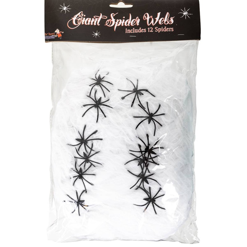 Stretchable White Spider Web Halloween Decoration with 12 Spiders