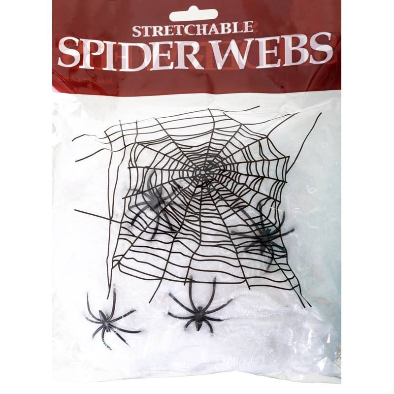 Stretchy White Spider Web Halloween Decoration with 4 Spiders