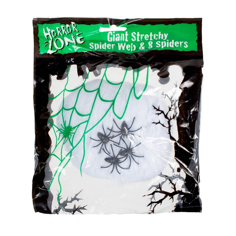 Stretchy White Spider Web with Spiders Halloween Decoration
