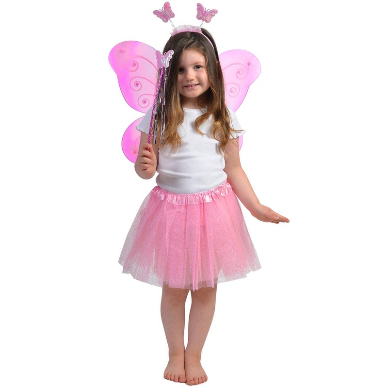 Butterfly Fairy Girls Neon Pink Costume Wings and Wand Set