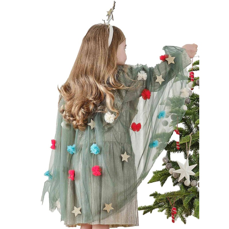 Deluxe Girls Green Mesh Christmas Cape with Pom Poms