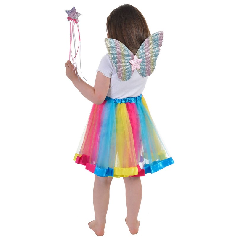 Pastel Rainbow Girls Fairy Wings and Wand Costume Set