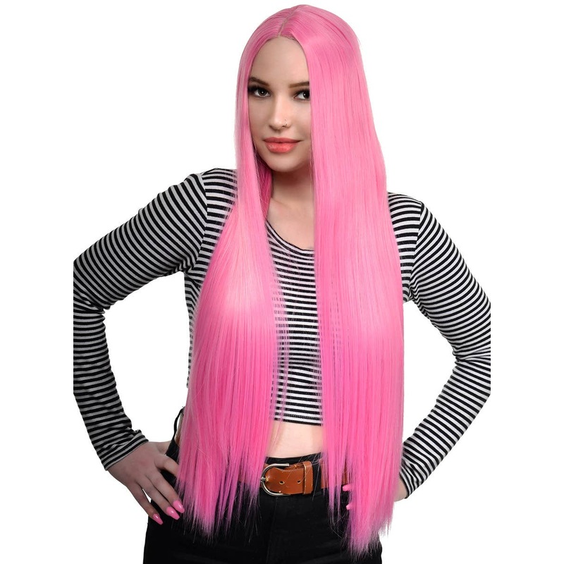 Candy Pink Extra Long Womens Synthetic Lace Part Fashion Wig