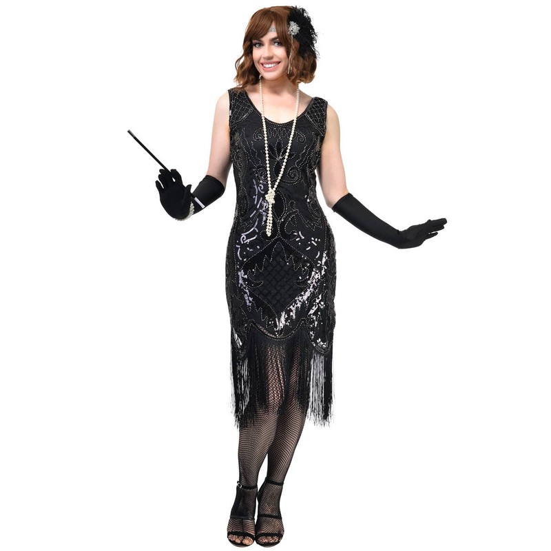 1920s Black Gatsby Dress Costume with Sequins and Beads
