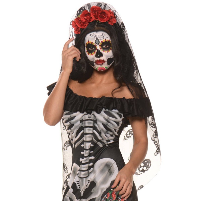 Day of the Dead Womens Flower Headband with Veil