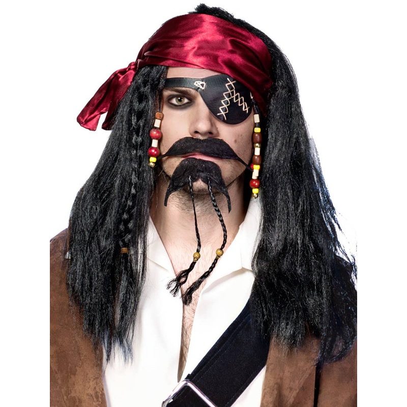 Caribbean Pirate Mens Long Black Wig and Head Scarf