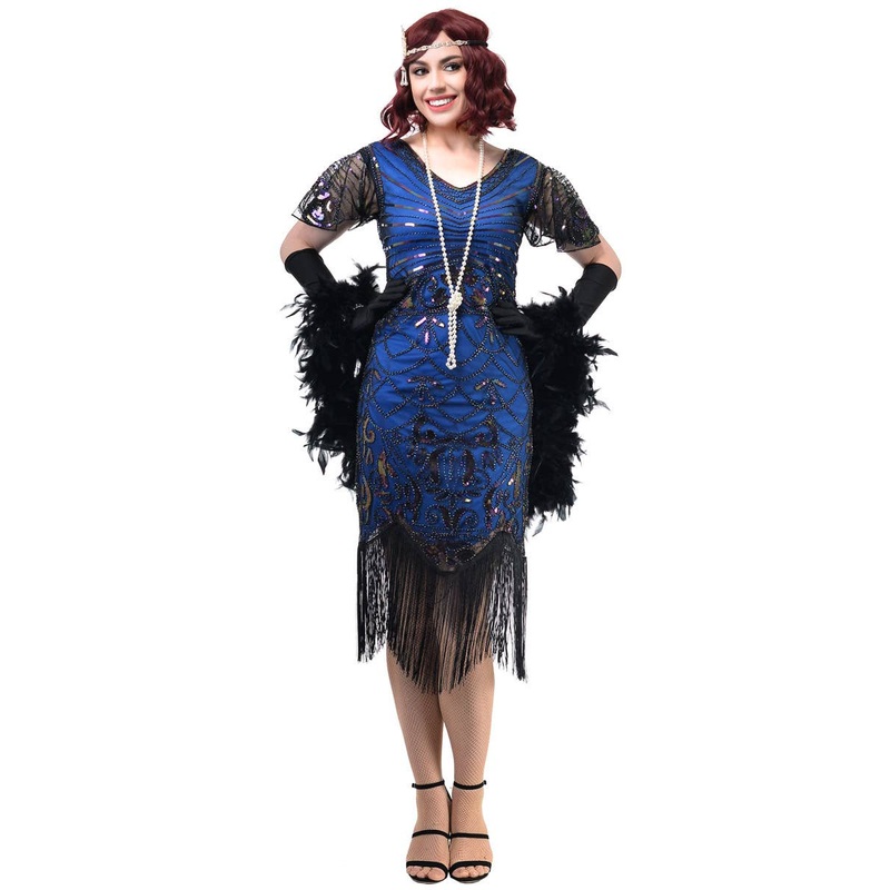1920s Womens Blue and Black Gatsby Dress Costume with Flutter Sleeves
