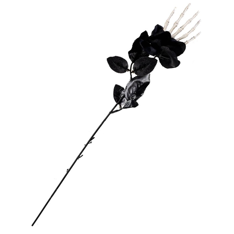 Single Stem Black Rose with Skeleton Hand Halloween Accessory