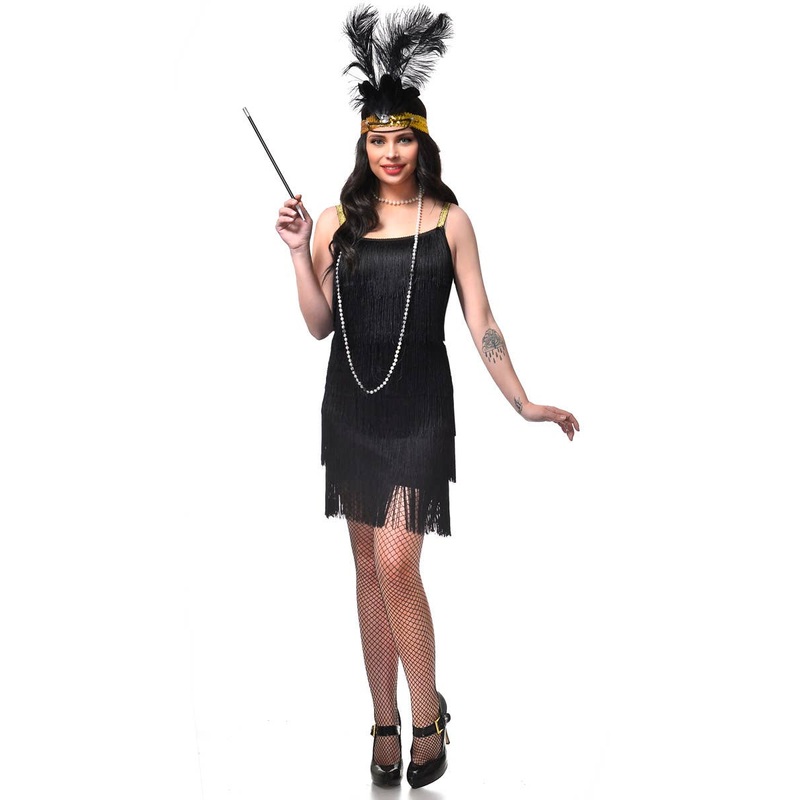 1920s Black Fringed Womens Flapper Dress Costume
