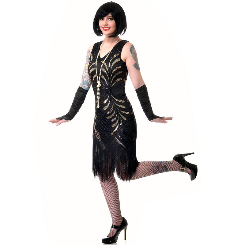 1920s Deluxe Black and Gold Sequin Womens Gatsby Costume
