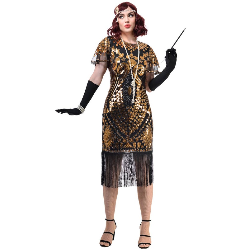1920s Gold Sequinned Gatsby Dress Costume with Cap Sleeves
