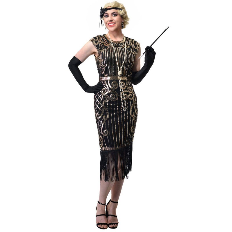 1920s Womens Plus Size Gold and Black Flapper Dress