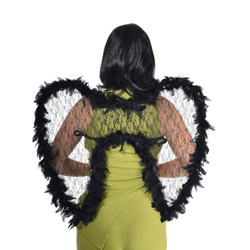 Sheer Black Lace Costume Wings with Feather Trim
