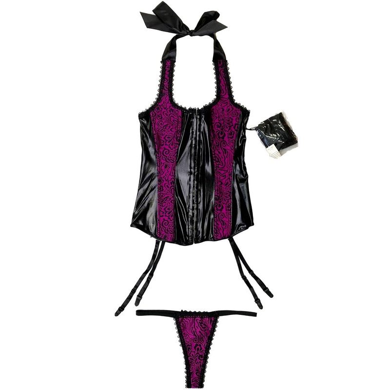 Burlesque Purple Halter Neck Womens Corset Set - Size Small