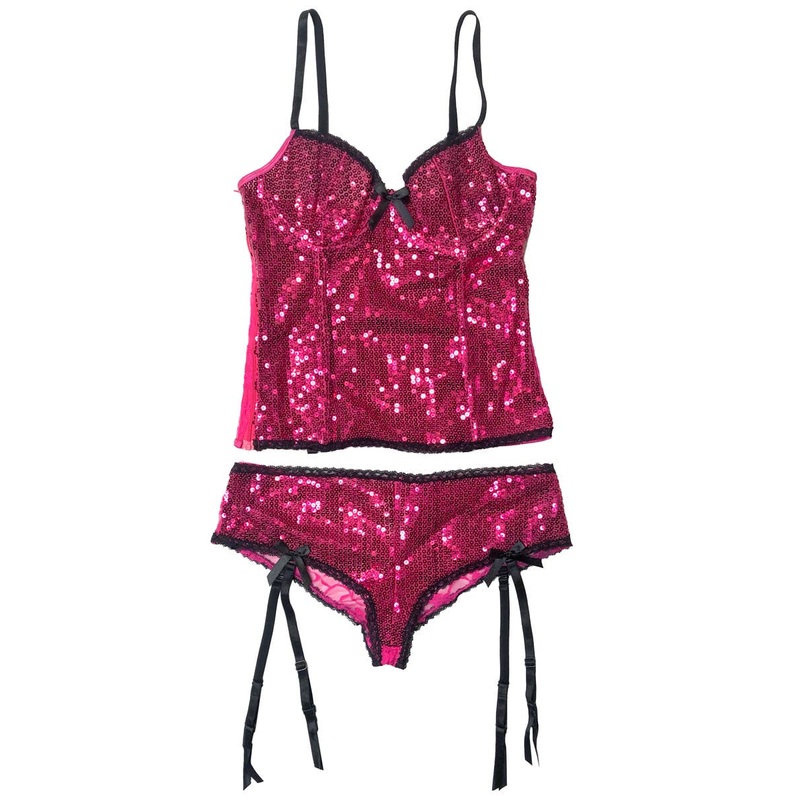 Burlesque Sequin Fuchsia Bustier and Panty Set - Size Small