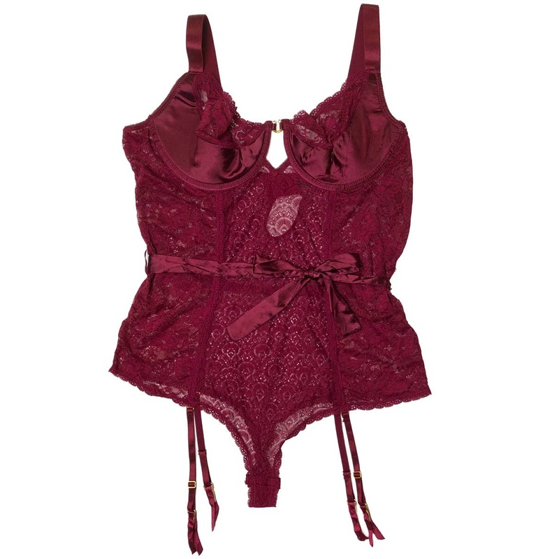 Sexy Plus Size Burgundy Lace Bodysuit With Satin Sash - Size 3X-4X