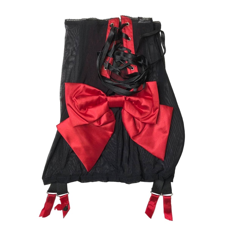 Burlesque Black and Red Satin Girdle with Lace Overlay - Size Small