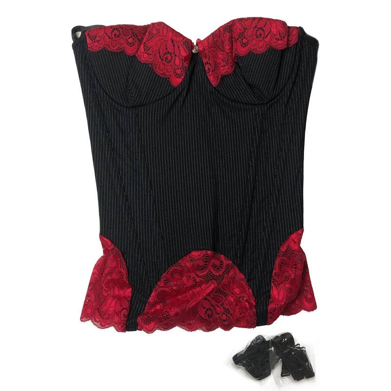 Black Sexy Pinstripe and Red Lace Burlesque Bustier - Size Small