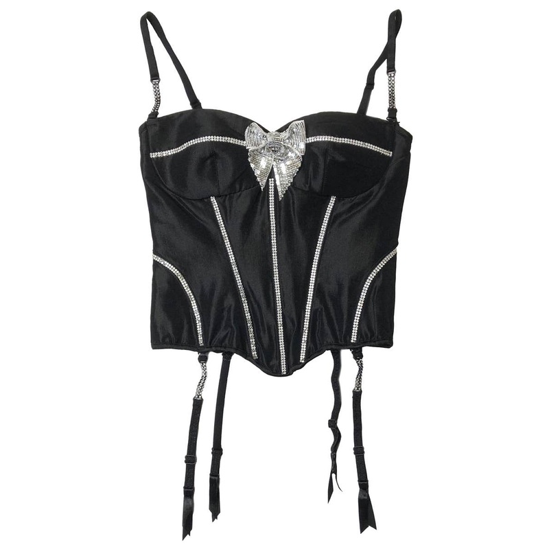 Black Sexy Taffeta and Rhinestone Burlesque Corset - Size Large
