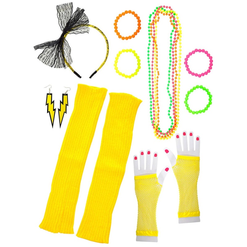 Bright Yellow 12 Piece 1980s Costume Accessory Set
