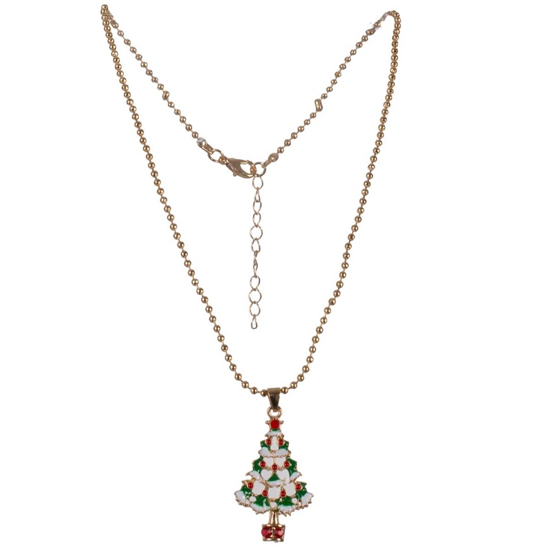 Christmas Tree Pendant on Gold Bead Necklace