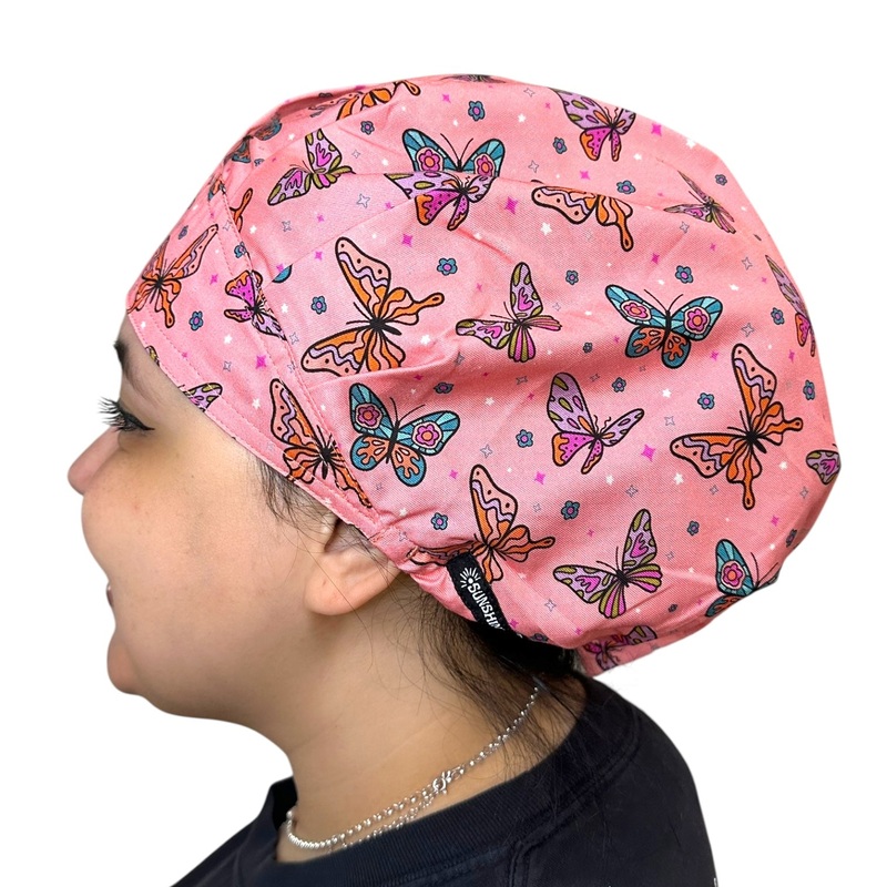 Pink Butterfly- Bouffant|bouffant cap|with satin lining