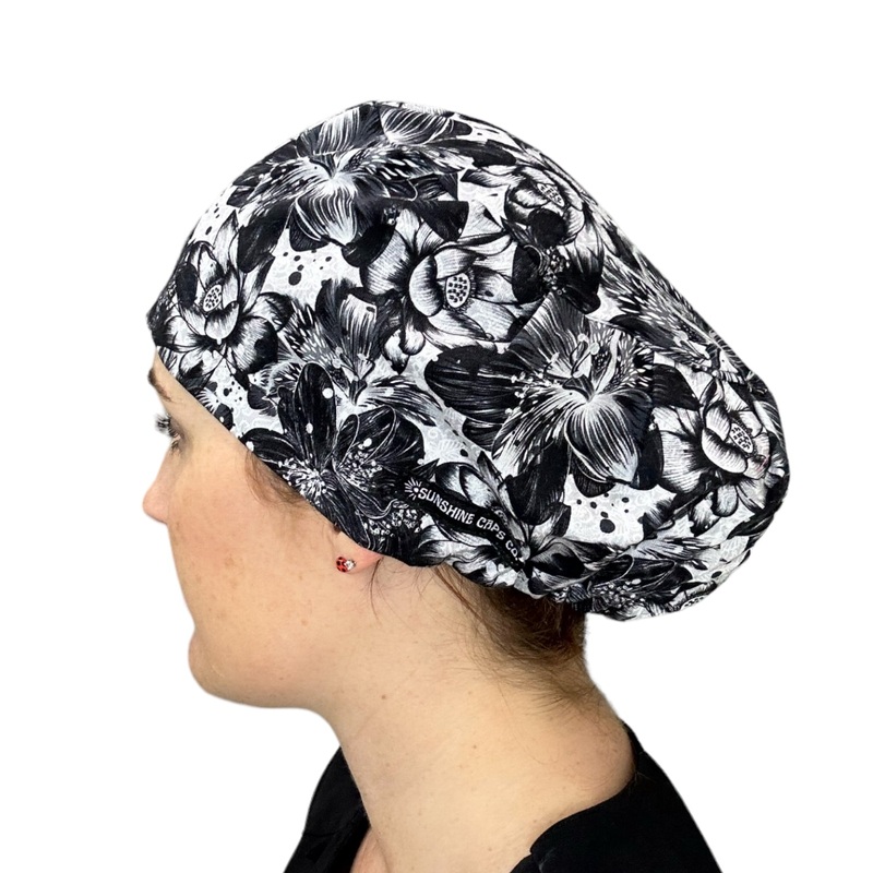 Black Floral Sketch- Euro|euro cap|with satin lining