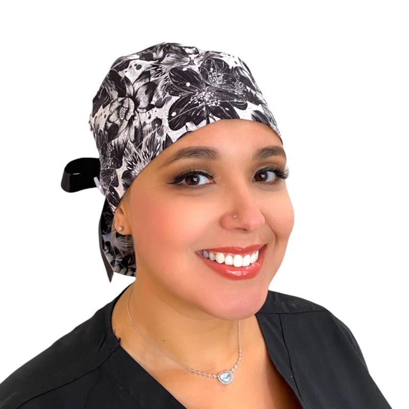 Black Floral Sketch- Ponytail|ponytail cap|with satin lining