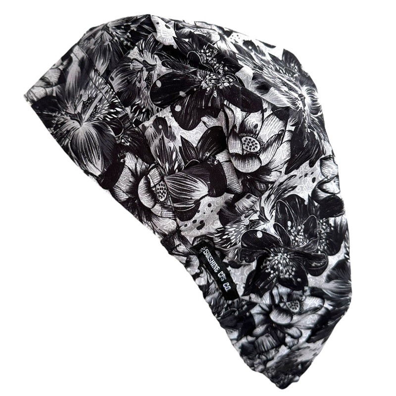 Black Floral Sketch- Bouffant|bouffant cap|with satin lining
