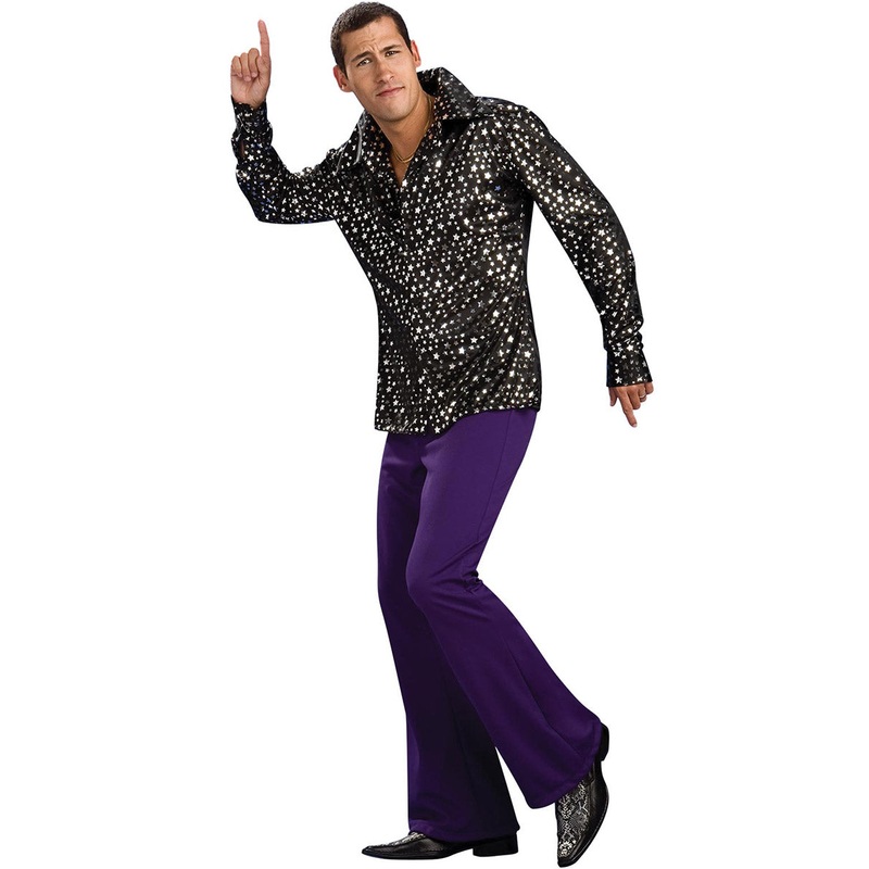 70s Disco Mens Black Star Print Costume Shirt