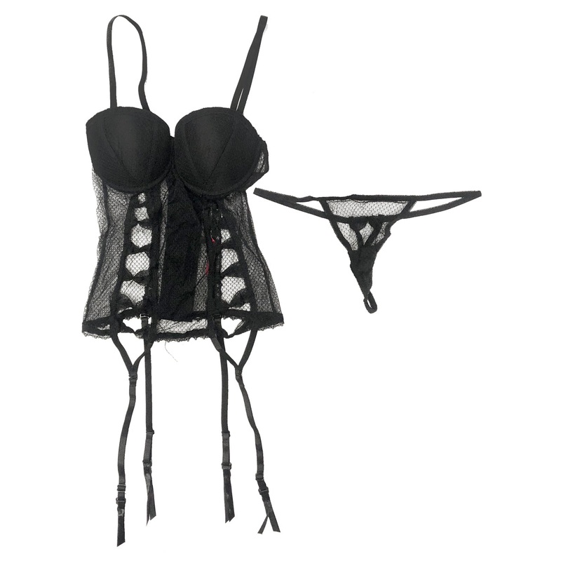 Sexy Black Fence Net Bustier with Moulded Cups Set Womens - Size Small