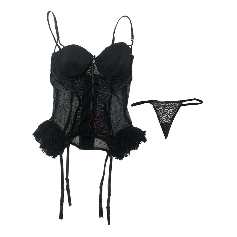 Sexy Black Leopard Mesh Bustier Set Womens - Size Large