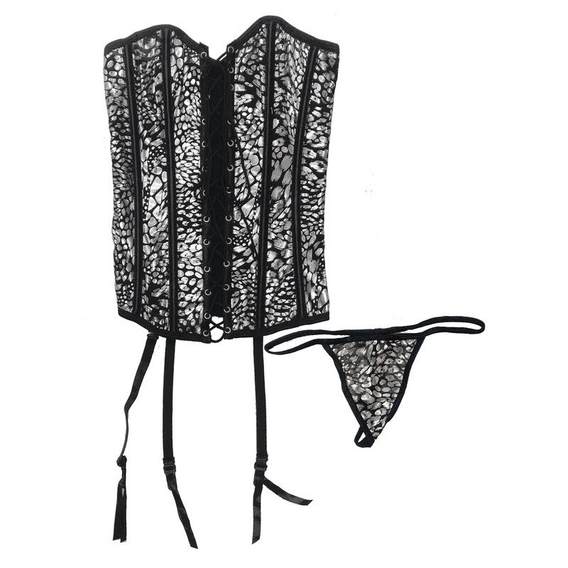 Sexy Metallic Print Lace Up Front Bustier Set - Size Small