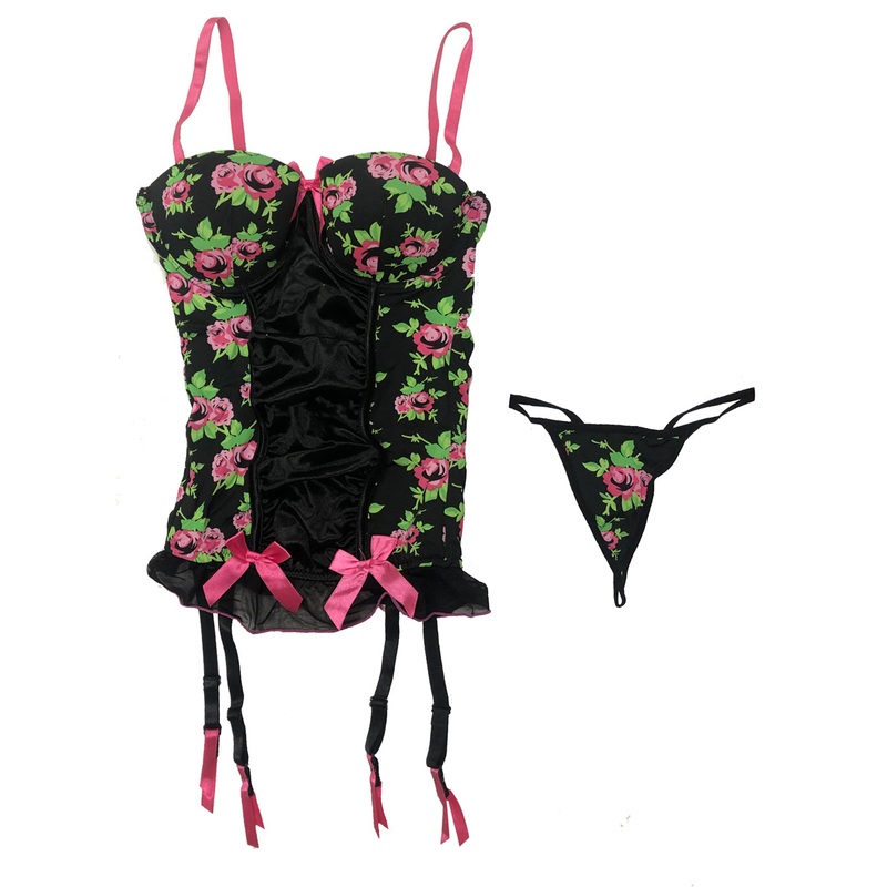 Sexy Rose Print Bustier Set Womens - Size Small
