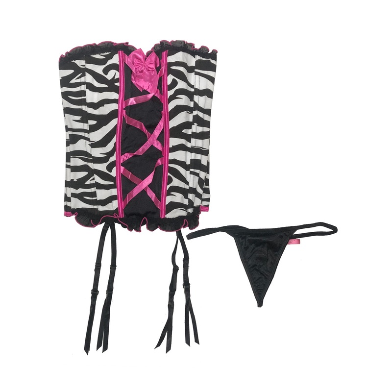 Sexy Zebra Print Corset Set With Pink Trim Womens - Size Medium
