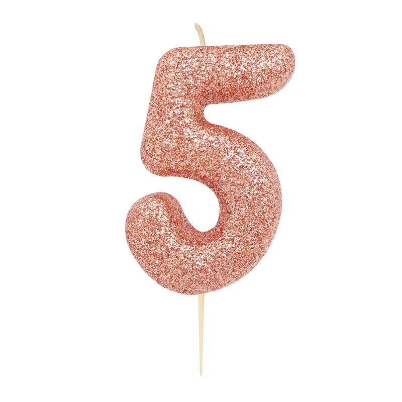 Age 5 Glitter Numeral Moulded Pick Candle Rose Gold