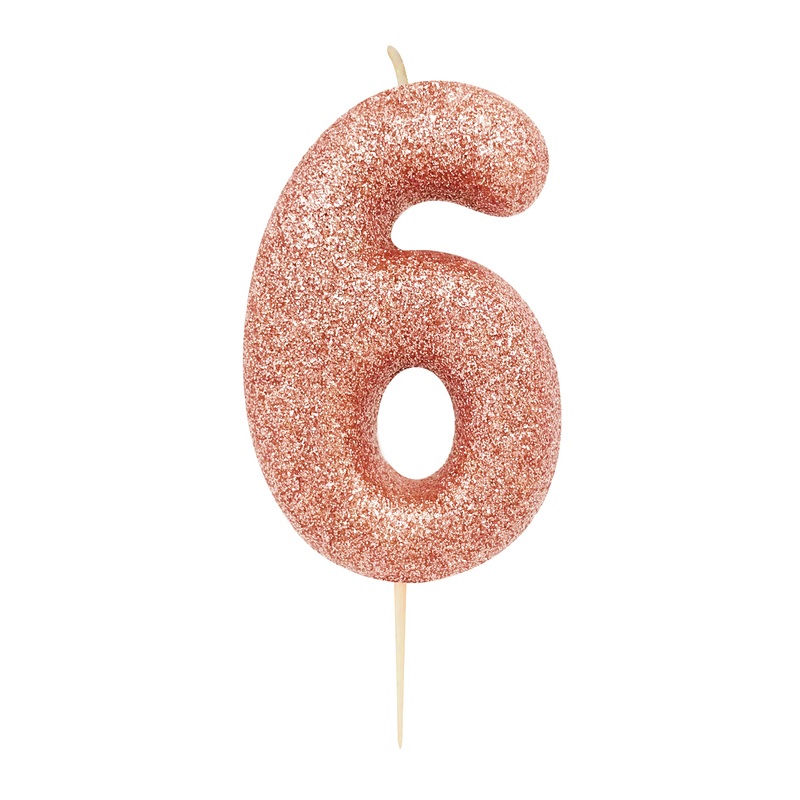 Age 6 Glitter Numeral Moulded Pick Candle Rose Gold