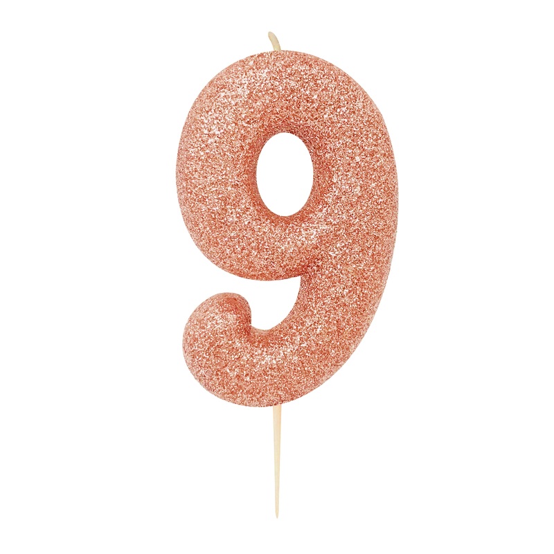 Age 9 Glitter Numeral Moulded Pick Candle Rose Gold