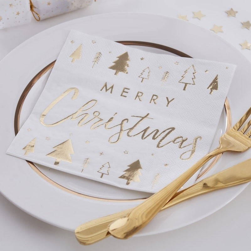 Gold Foiled Merry Christmas Paper Napkins - Gold Glitter - Ginger Ray
