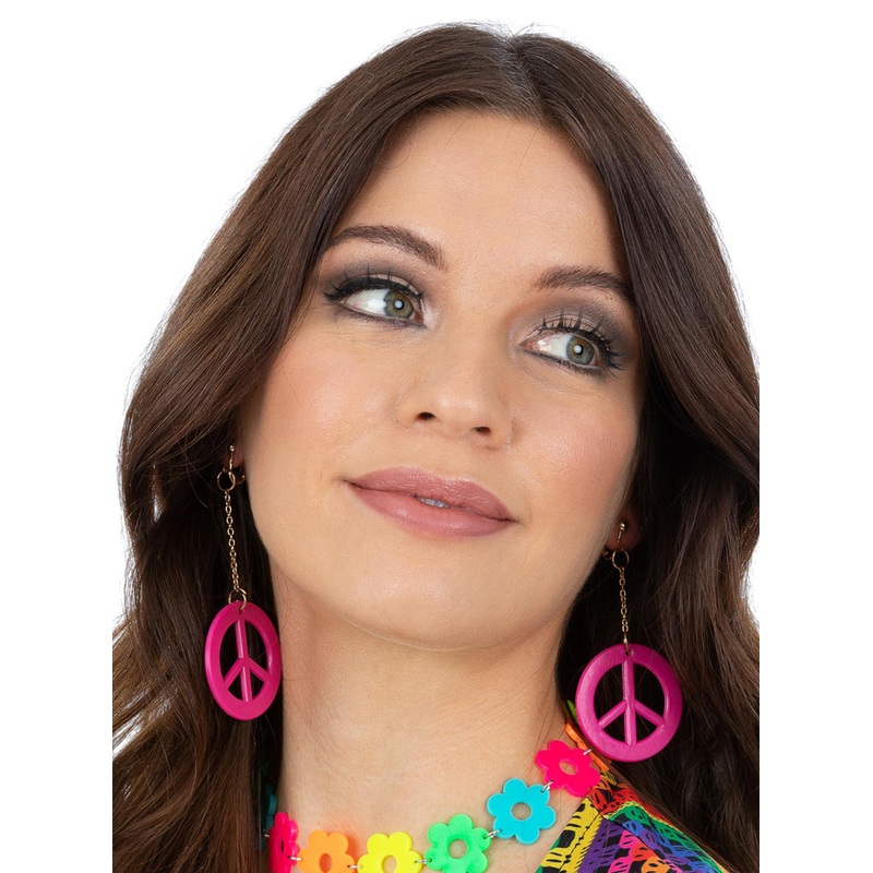 Peace Sign Hot Pink Hippie Costume Earrings