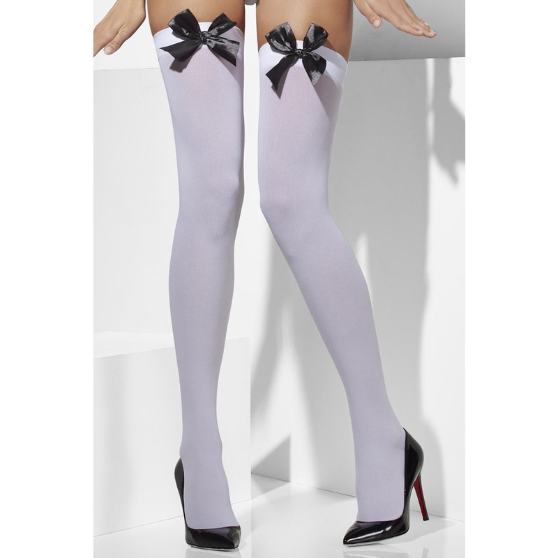 Opaque White Thigh Womens Stockings with Black Bows