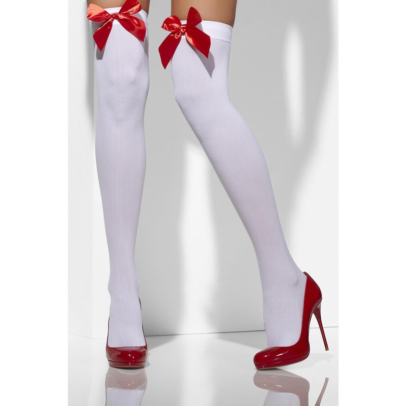 Opaque Womens White Thigh High Stockings with Bows