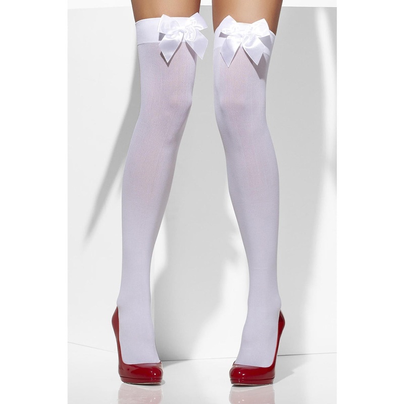 Opaque Womens White Thigh High Stockings with White Bows