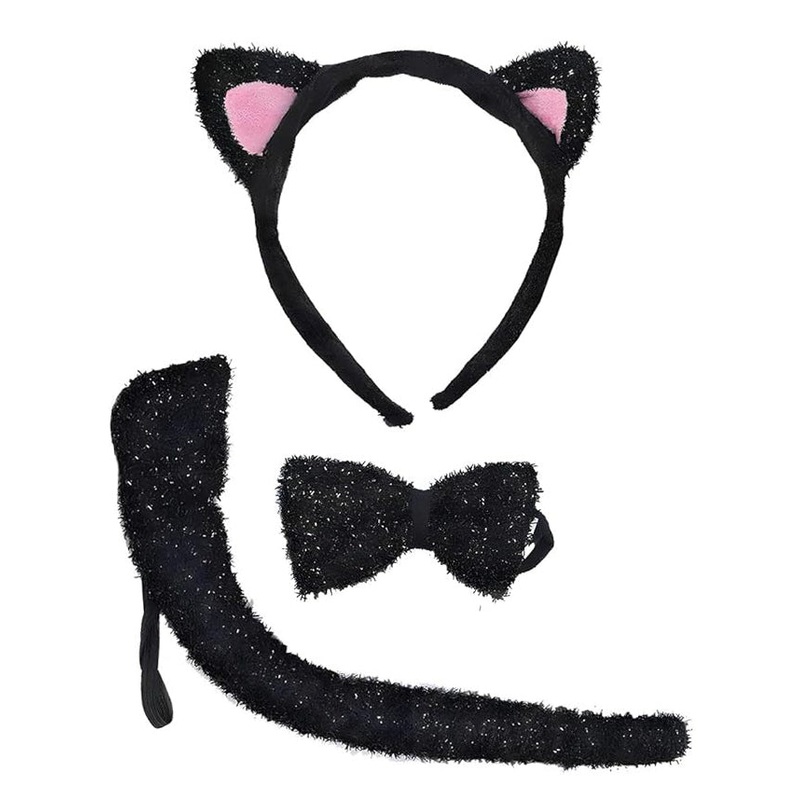 Sparkly Black Cat Ears, Tail and Bow Tie Costume Accessory